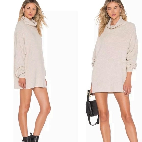 Free People Softly Structured Turtleneck Tunic Sweater In Heather Oatmeal Sz XS - Picture 1 of 10